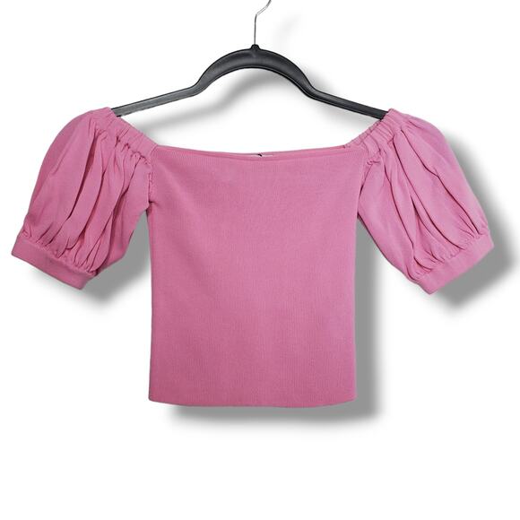 ZARA Women's Pink Balloon Sleeve Knit Top Size XS Puff Sleeve Barbie Stretchy - Picture 2 of 7